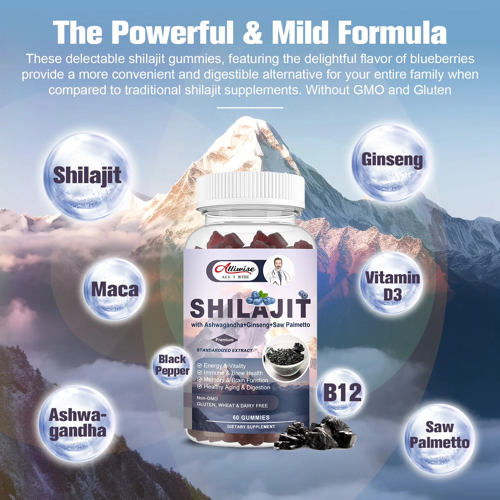 Alliwise Shilajit Supplement Gummies Extra Strength Himalayan Resin Pure Organic Chewable Complex for Energy Cognition Immunity