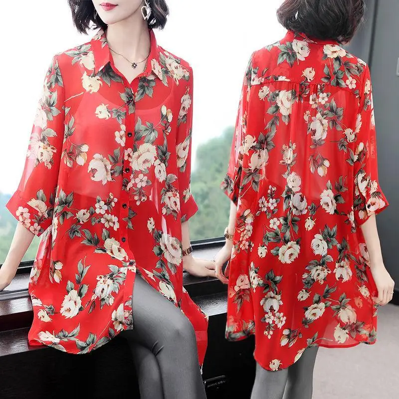 2023 New Women\'s Clothing Printing Long Sleeve Elegant Spring  Summer Floral Buttons Turn-down Collar Korean Fashion Blouses