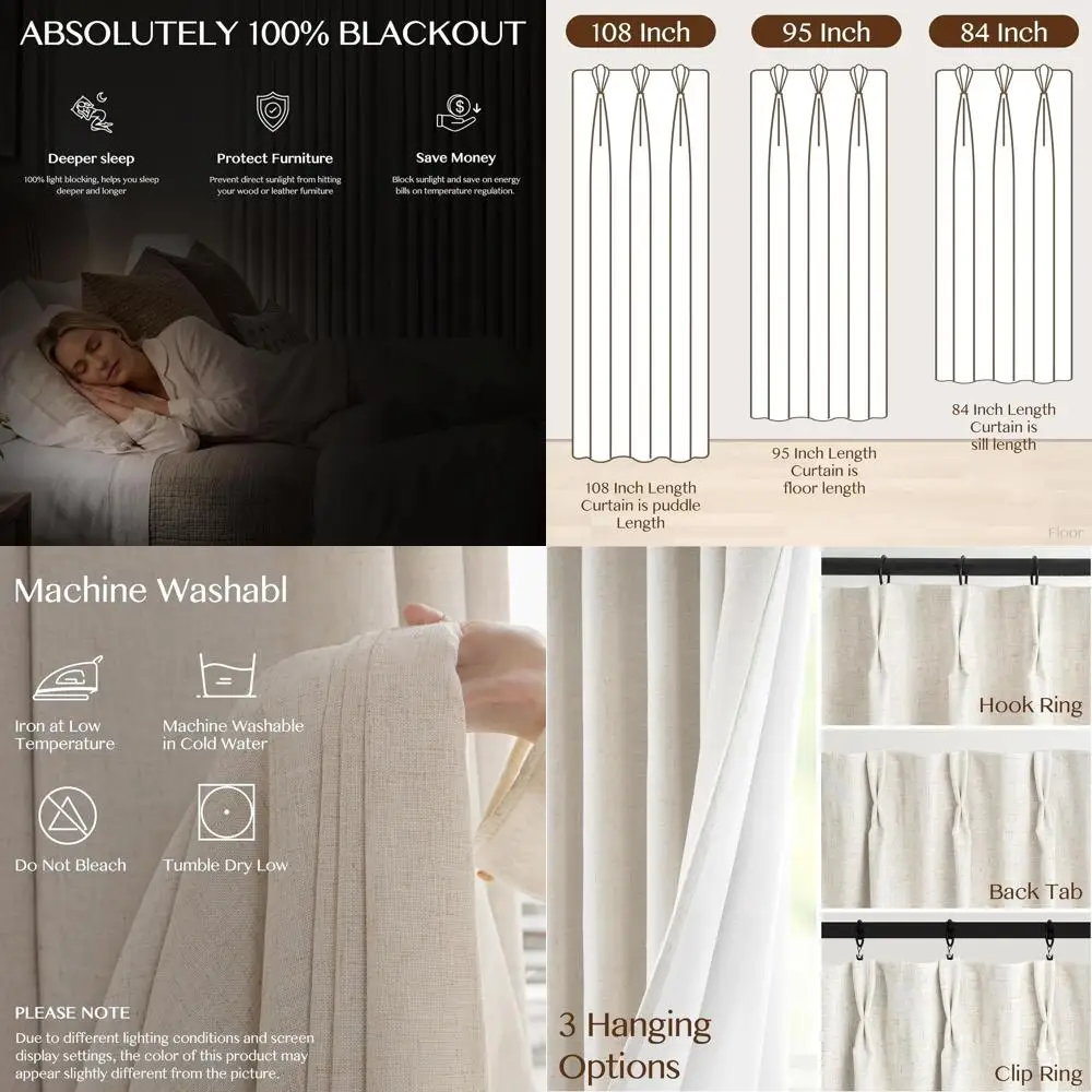 

Elegant Linen Blackout Curtains, 84 Length, for Bedrooms and Living Rooms, with Hooks, Beige