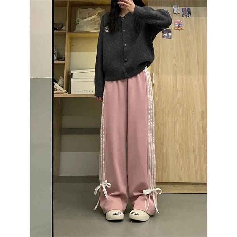 New Women Straight-Leg Pants Teen Casual Versatile Pants Girls High-Waist Loose Sweatpants Fashion Bow Wide-Leg College Student