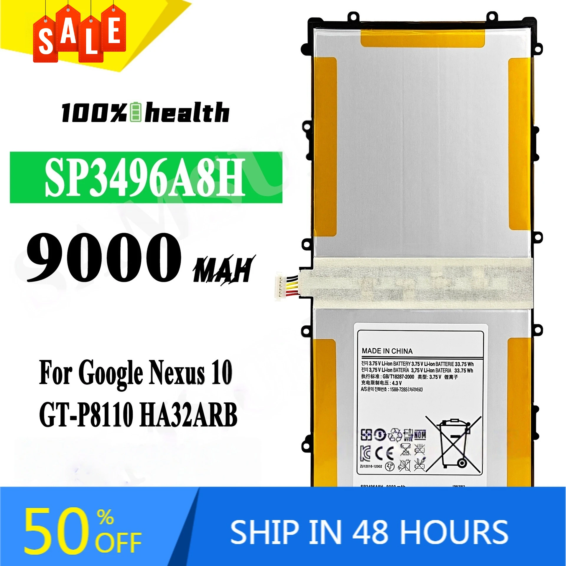 SP3496A8H 9000mAh Tablet Battery for Samsung Google Nexus10 GT-P8110 Rechargeable Battery