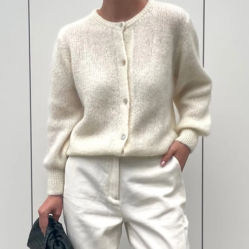 

Ticketsx Casual Solid Knitted Single Breasted Cardigan Women Round Neck Long Sleeve Loose Soft Sweater Autumn Lady Knitwear