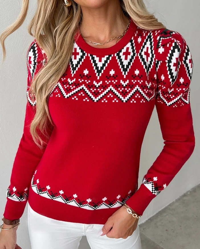 

Women's Casual Knitted Sweater 2024 Winter Christmas Aztec Geometric Pattern Round Neck Long Sleeved Slim Elastic Sweater