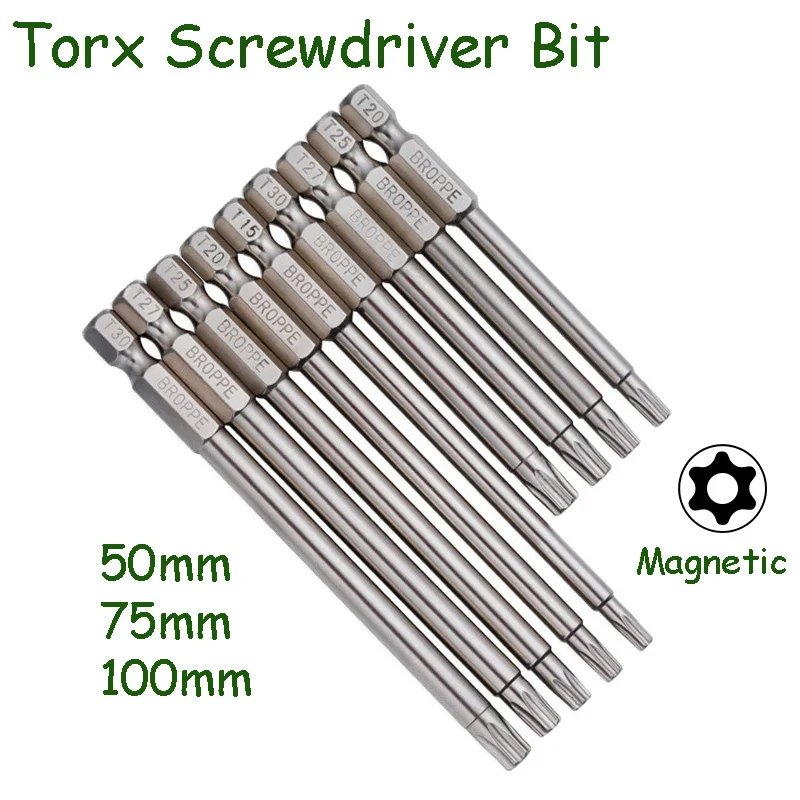 

Magnetic Torx Screwdriver Bits 1/4" Hex Shank 50/75/100mm Length Electric Screwdriver Bit T8 T10 T15 T20~T30 Power Driver Tool