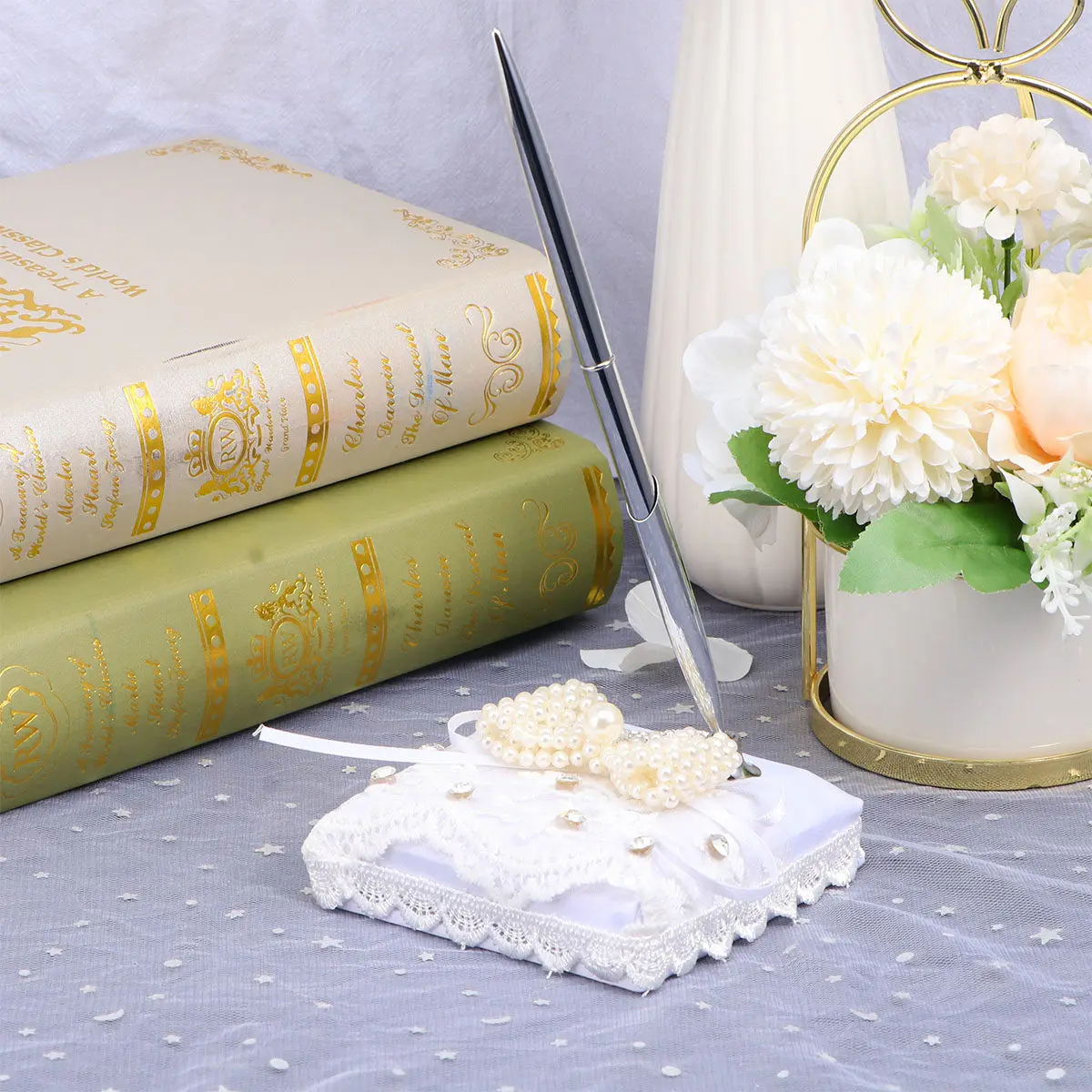 Wedding Pen Stand with Heart Bowknot Design – Decorative Guest Book Accessory for Party Decoration