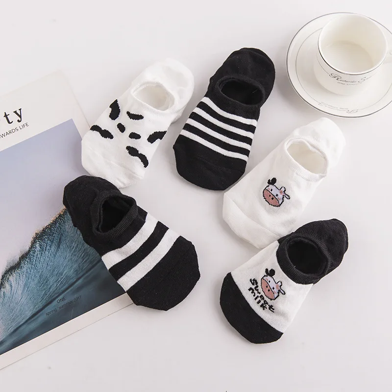 5 pairs summer new black and white cartoon calf striped cotton boat socks low top shallow mouth women's socks factory wholesale