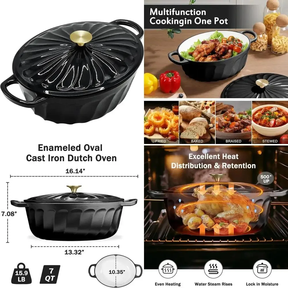 

Enameled Oval Dutch Oven Pot with Lid, 7 QT Cast Iron Dutch Oven with Dual Handles for Cooking, Bread Baking, Frying, Non-stick