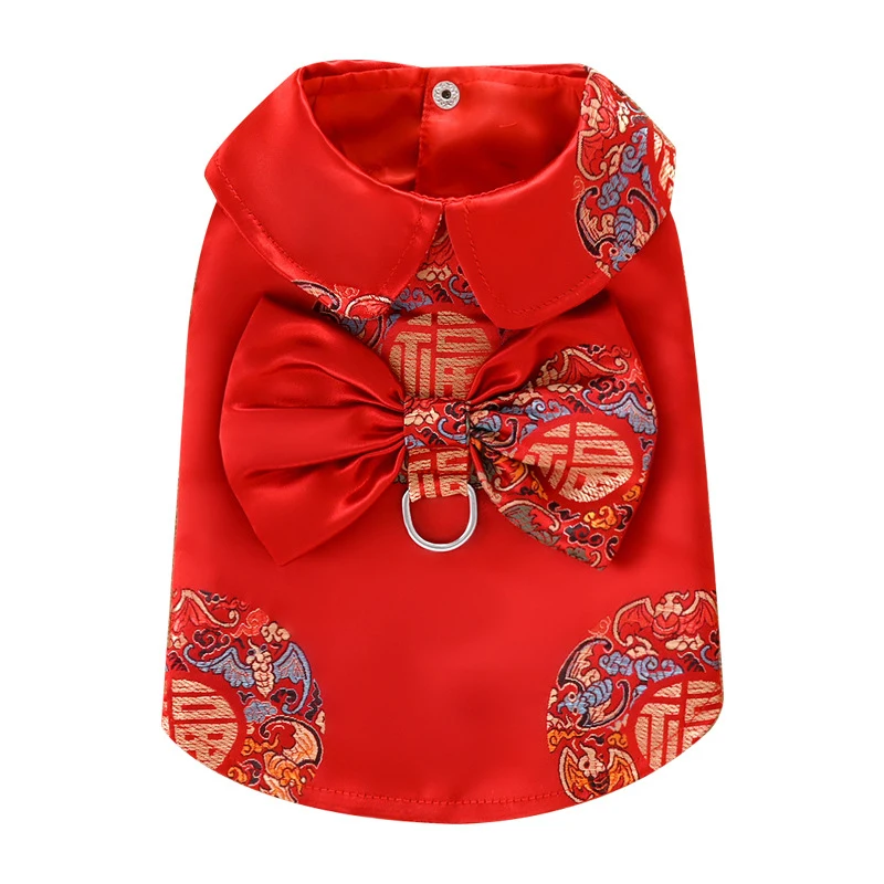 

New Year Pet Clothes Spring Festival Dog Clothing Tang Suit Cheongsam Cat Yorkie Pomeranian Poodle Bichon Schnauzer Costume Vest