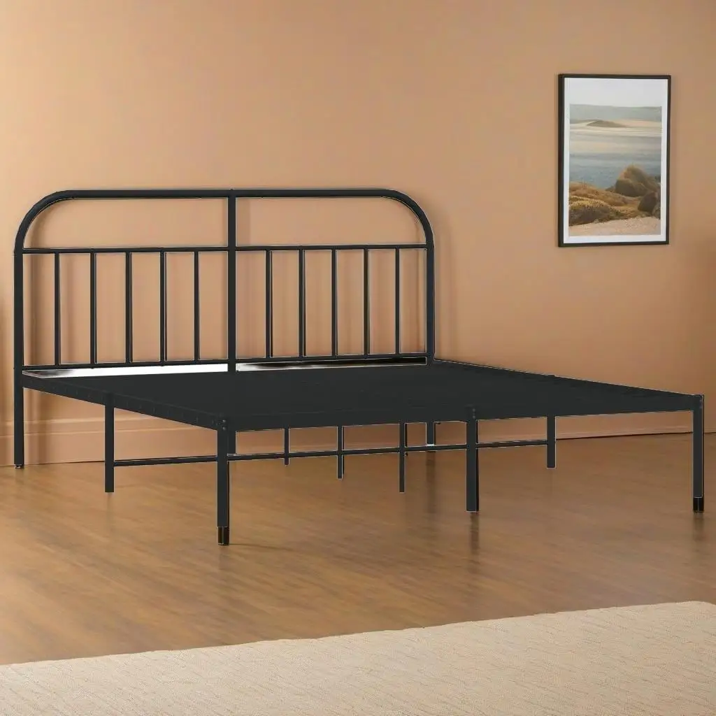 Black Metal Bed Frame with Headboard - 183x213cm, No Mattress Included