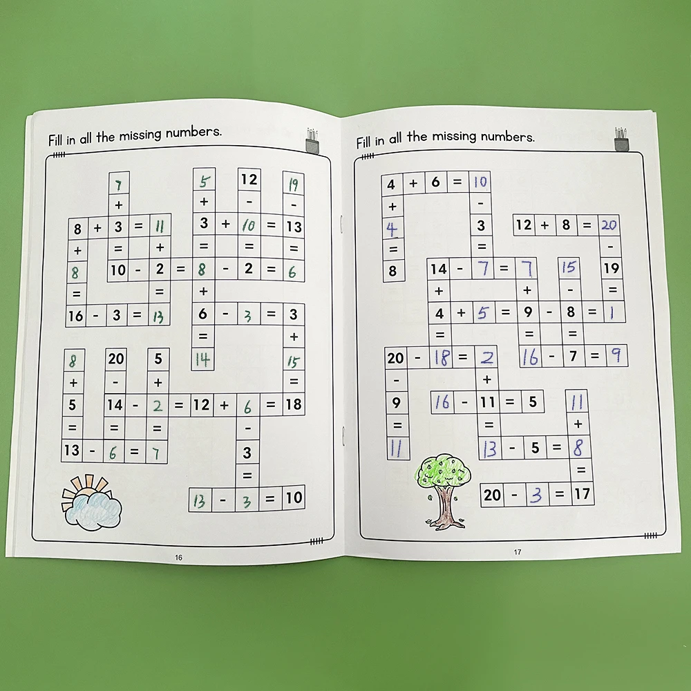 Immagine 5: 32 pagine/set di addizioni sottrazioni entro 20 quaderni di esercizi di matematica con risposte Libro di esercizi di puzzle di parole incrociate matematiche per bambini