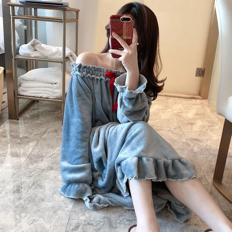 Fleece Women Nightgown Korean Ruffles Sleepwear Winter Night Dress Knee Length One Piece Pajamas Slash Neck Warm Home Wear New