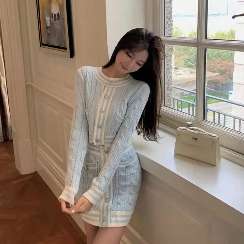 2023 Autumn Elegant Knitted 2 Piece Set Woman Casual Sweater Tops + Slim Bodycon Mini Skirt Office Lady Korean Fashion Suit Chic