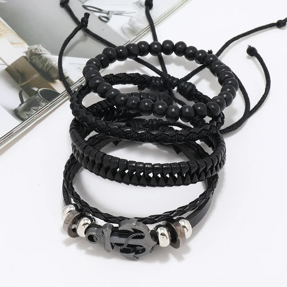 Leather Bracelet For Men Simple Marine Adventure Spirit Bracelets, Hand-Woven Leather Bracelets Rudder Alloy