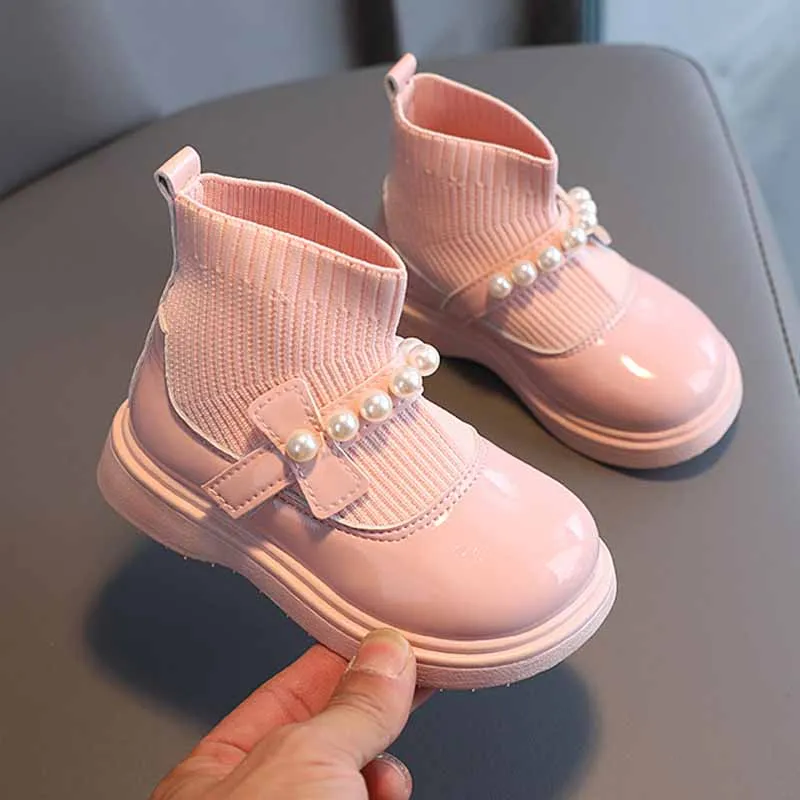 Girls Princess Boots Autumn Winter Children Thin Cashmere Lined Sock Shoes Toddler Fashion Beading Leather Boots Non-slip Shoes