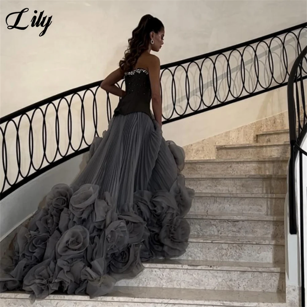 

Lily Black Evening Gown Satin Bodice Prom Dress Crystal Wedding Evening Dress with 3D Floral Train robes de soirée Customized