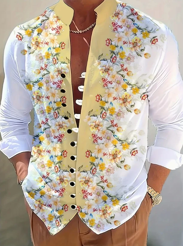 New Men's Fashion Seven Button Long Sleeve Shirt Sandy Beach Casual Shirt, High Quality Comfortable Fabric Top.