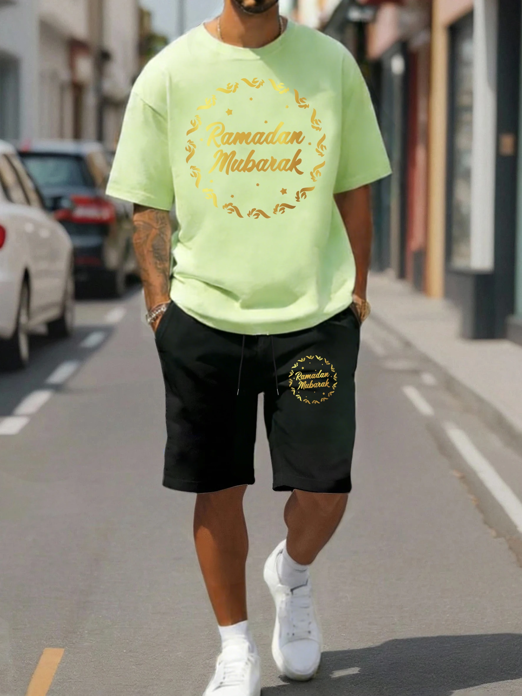 

Ramadan Mubarak Art Letter Printed T-Shirts Suit Men Cotton O-Neck Tee Loose Drawstring Shorts Unisex Fashion Casual Streetwear