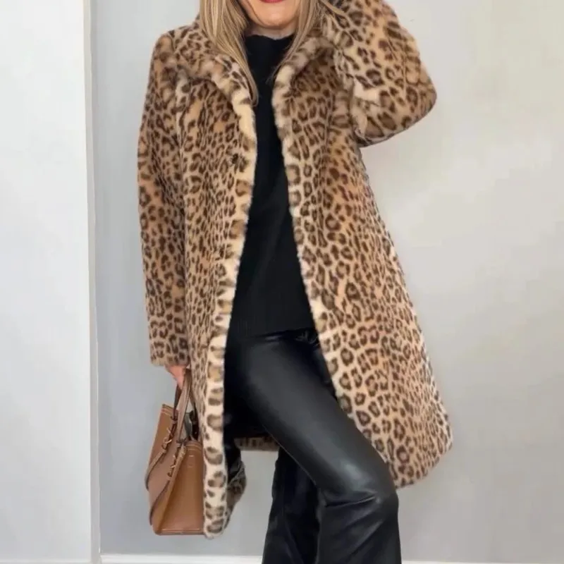 

Faux Fur Coats Women Mid Length Coat Jackets Warm Thick Leopard Print Turn Down Collar Elegant Spring Open Stitch Outerwear