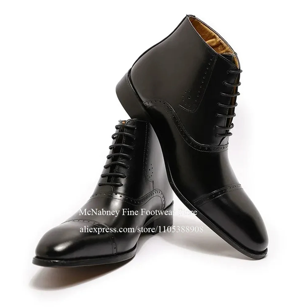 

Leather Lace up Brogue Ankle Boots Pointed Toe Chunky Heel Handmade Men Dress Boots for Formal Business Wedding Party Plus Size