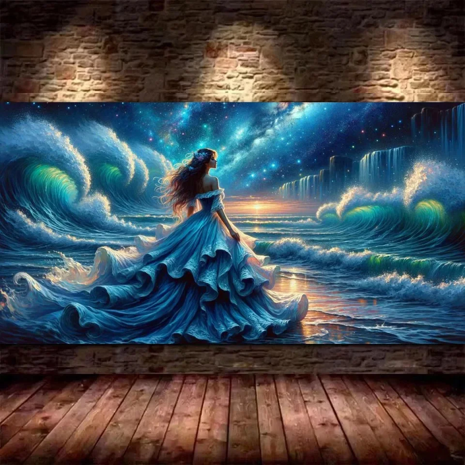 5D Diamond Painting Fantasy Sea Huge Waves Mosaic Rhinestone Long Blue Dress Woman Pictures Large Embroidery Kit Room Decoration