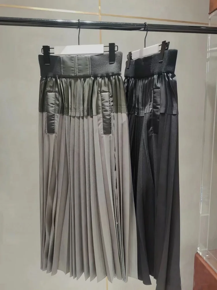 

FOG SACAI SS24 Women's A-Line Midi Skirt with Pleats Elastic Waist Color Blo Long Skirt Simple Sle Commute Polyester Blend