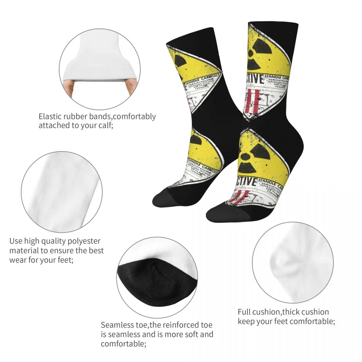 Vintage Radioactive Sign Theme Design All Season Socks Merch for Men Breathable Print Socks