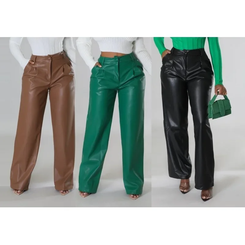 Women Autumn Winter Trousers Pants Solid Color Button High Waist Wide Leg Pants Casual Fashion Comfortable Regular Standard Fit