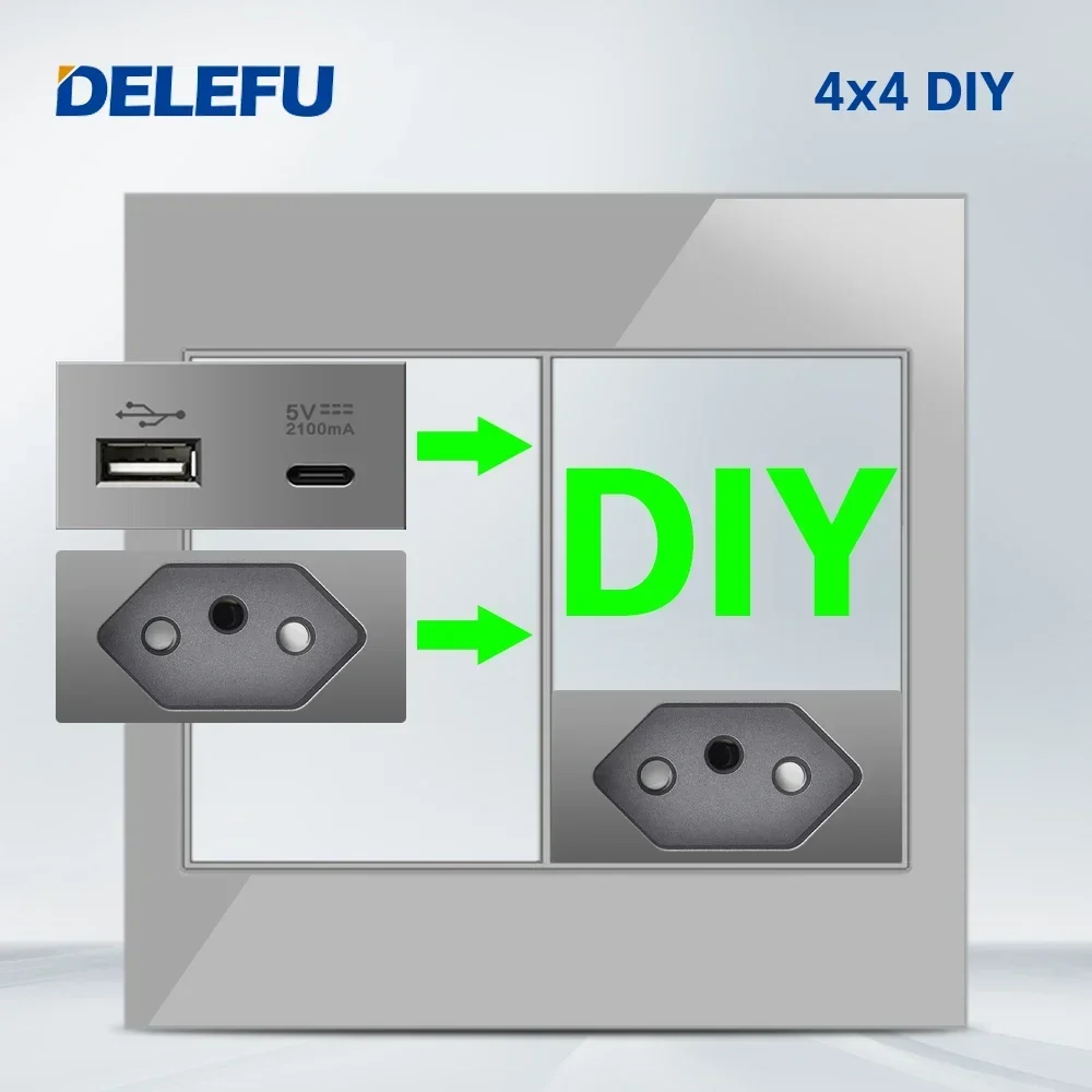 DELEFU-DIY Switch Socket, Brasil, Italiano, Chile, México, Função de Combinação Livre Padrão, USB Tipo C Key, 4*2, Cinza, 4*4, Carregamento Rápido