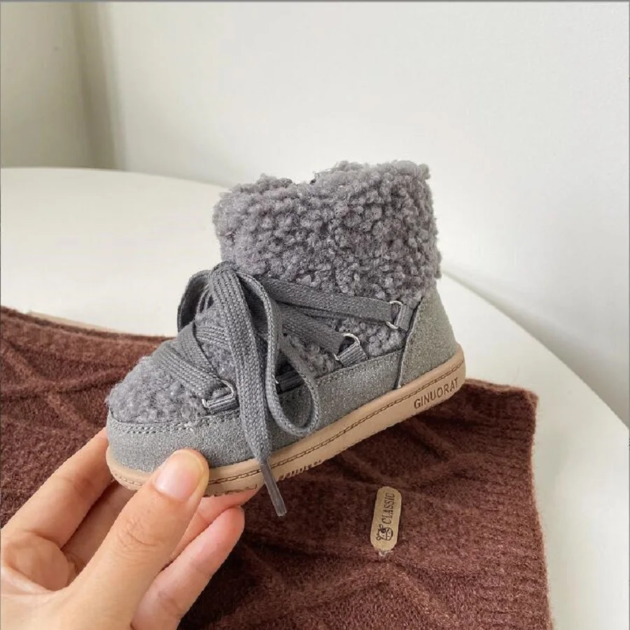 Size 16-30 Girls' Cotton Boots 2024 Winter New Girls' Short Boots Lamb Hair Boys' Fashion Soft Sole Walking Shoes Camel Grey