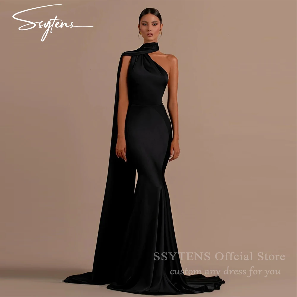 SSYTENS elegante negro mancha sirena vestidos de baile Hater vestido de noche sin mangas Sexy tren de barrido vestidos de fiesta de boda sin espalda