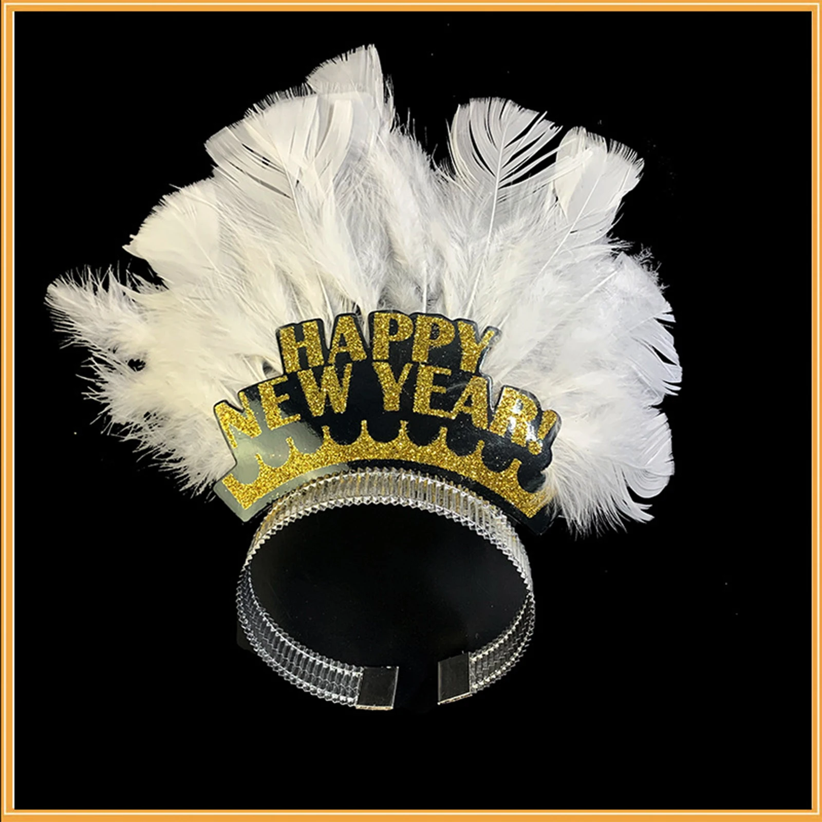 Happy New Year Headband Glitter Gold Crown White Feather Hairbands Photo Prop New Year Eve Christmas Party Hair Hoop Accessories