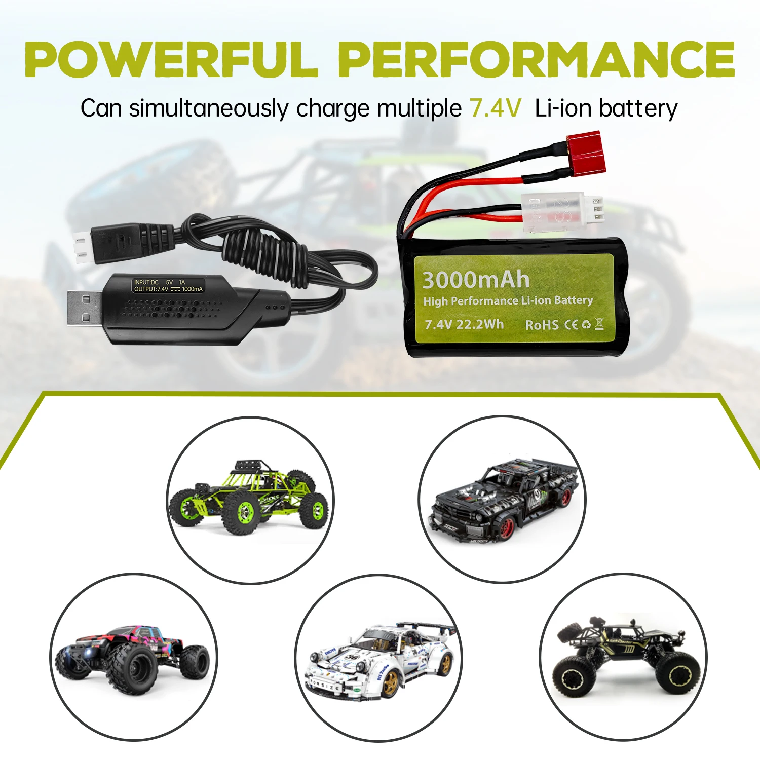 7.4V 3000mAh 15C T-plug Li-ion Battery+USB Charger For WLtoys 12423 MJX 14301 14303 14302 H16PL RC Car,1/10,1/12,1/16 RC Truck