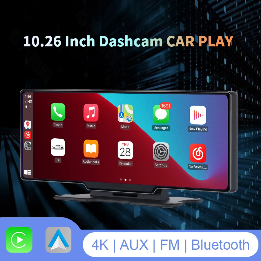 10.26 Inch Wireless CarPlay Android Auto airplay 4k Dashcam GPS navigation multimedia audio AUX Car DVR Dash board camera 