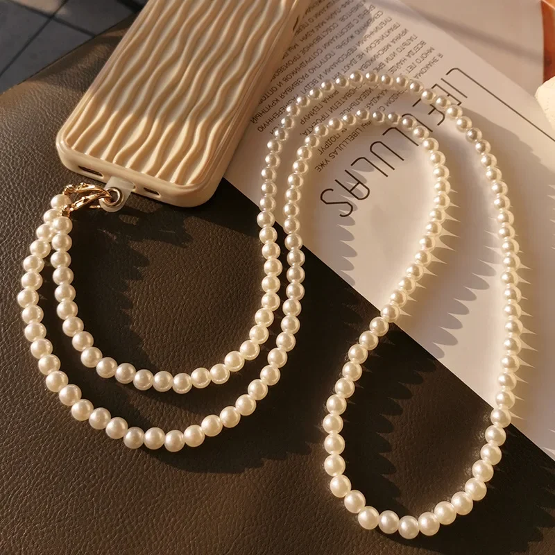 

Mobile Phone Lanyard Long Halterneck Pearl Hand-beaded Detachable Mobile Phone Chain with Buckle Clip Universal Decorative