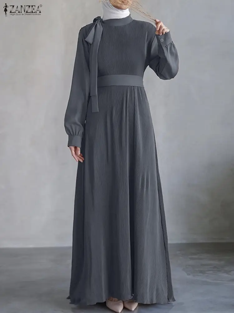 

ZANZEA Modest Hijabs Long Dresses Muslim Islamic Elegant Tie Back Neckline Long Sleeve Pleated Design Solid Color Eid Dress 3XL