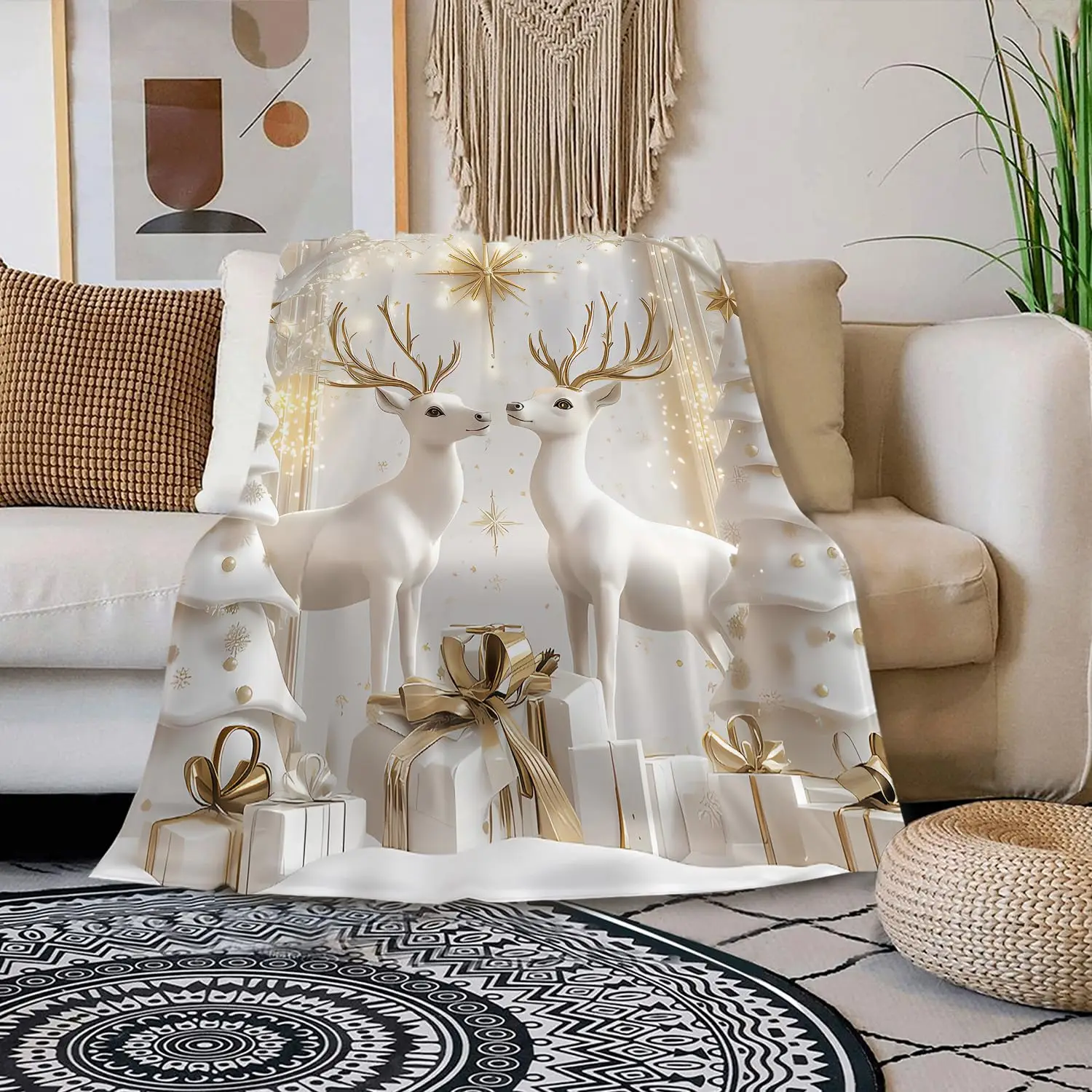 Throw Blanket Christmas White Reindeer Gift Box Cozy Bed Couch Blankets Winter Holiday Room Decor Xmas Gift Blanket