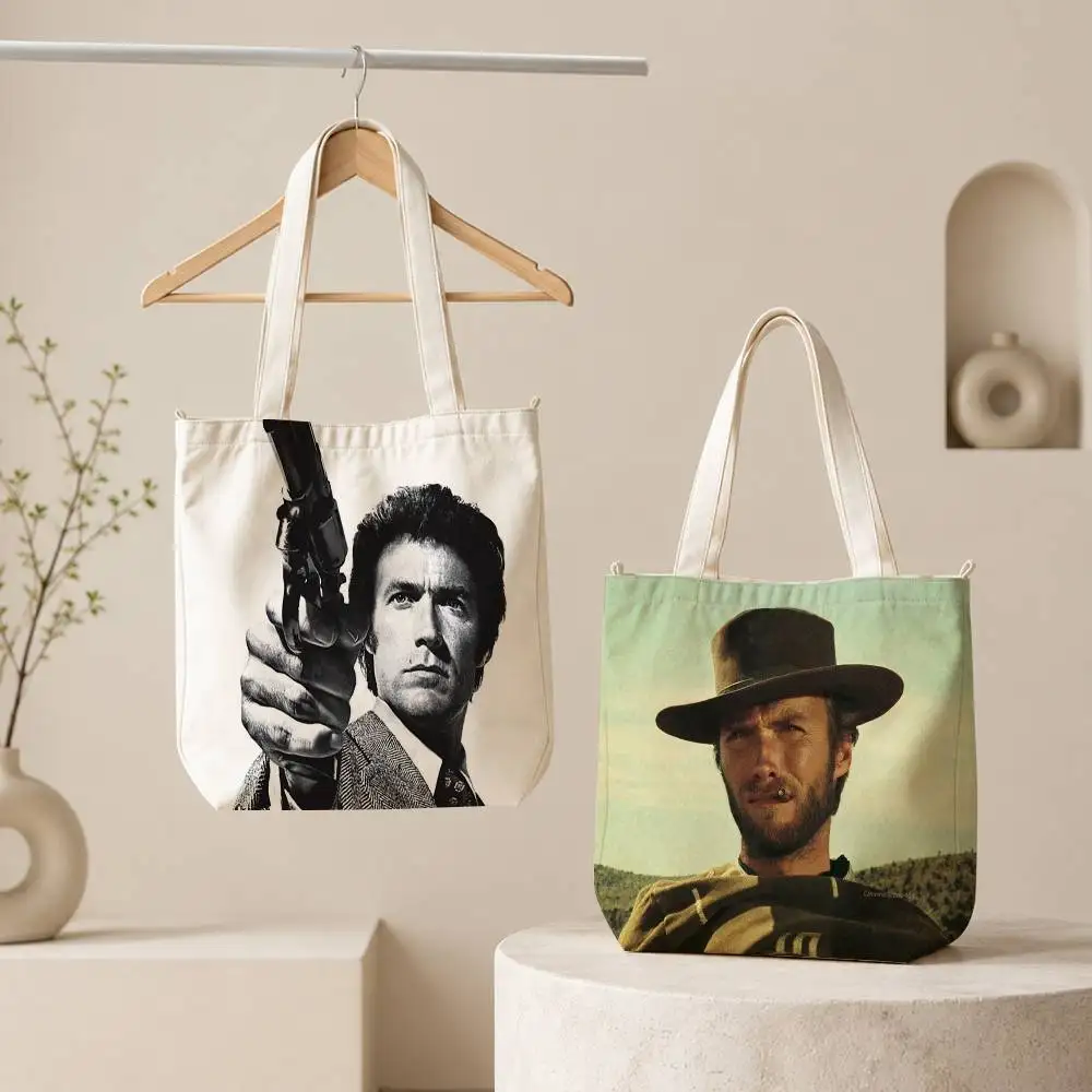 C-Clint Eastwood Graphic Tote Bag for Women Reusable Shopping Tote Bag Zippered Shoulder Bags Print
