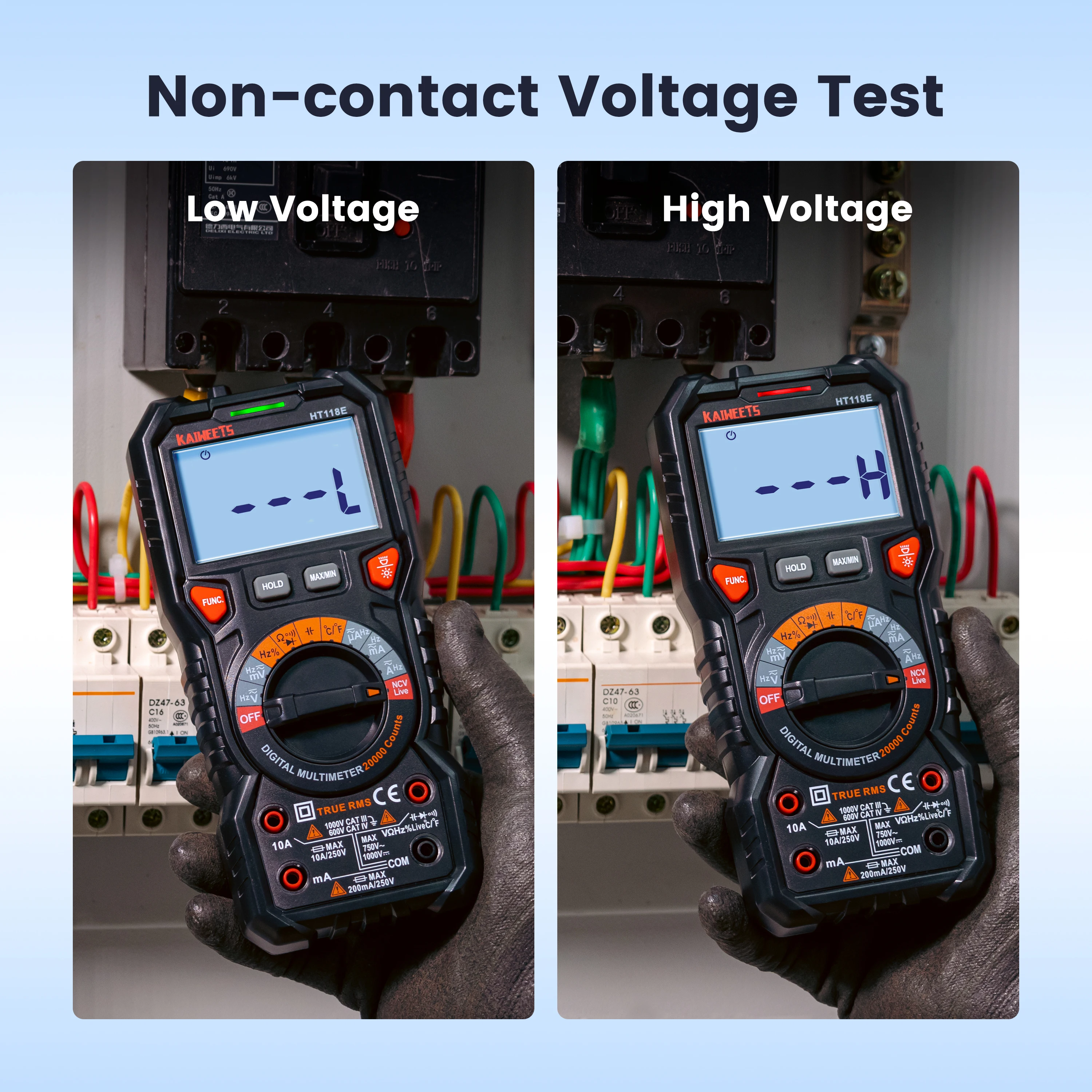 20000 카운트 TRMS 디지털 멀티미터 자동 범위 정확한 측정 1000V 10A AC DC Ohm Hz NCV 라이브 전압 온도 측정기, NCV 라이브 전압 온도 측정기