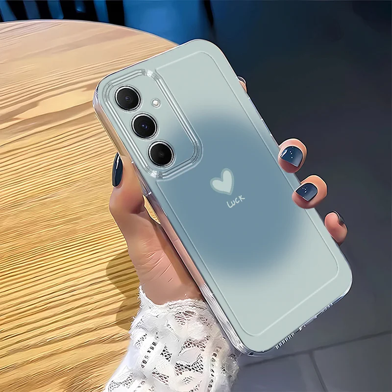 Blue heart-shaped transparent phone case for Samsung Galaxy A52S A53 A54 A55 A56 5G/S26 S23 S24 25 FE S22 Plus Ultra soft cover