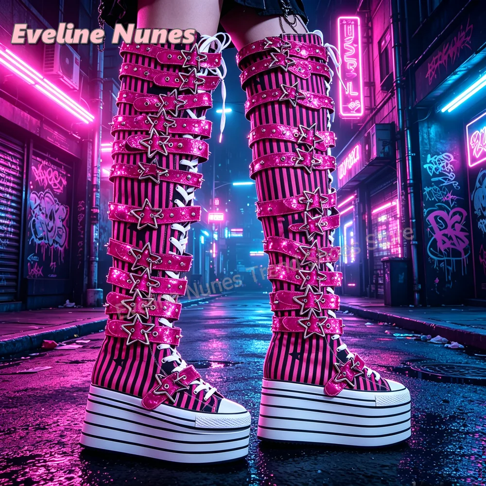 Y2K Gothic Women Vertical Stripe Over The Knee Boots Round Toe Thick Sole Multi Glitter Star Decor Straps Platform Lace Up 2026 view 3