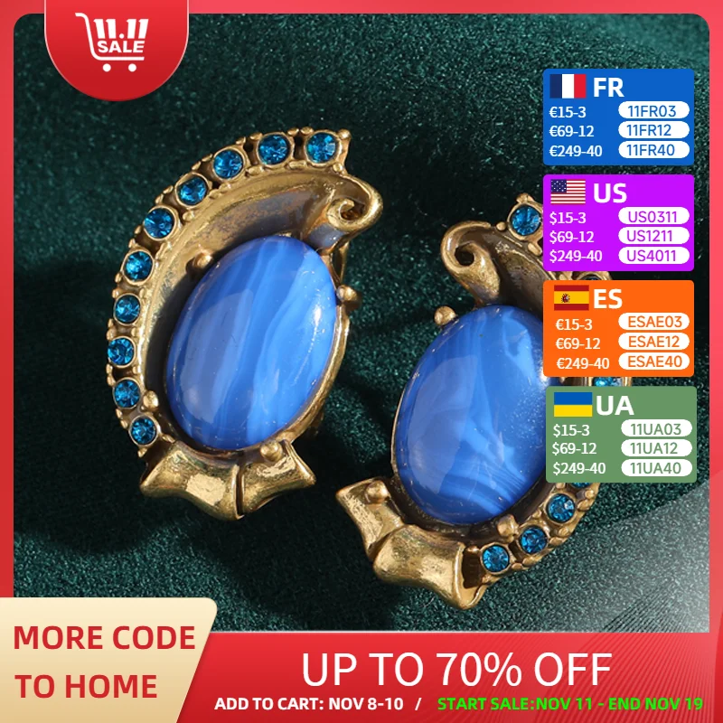 

Vintage Blue Glaze Half Flower Stud Earring Antique Gold Color Rhinestone Natural Stone Jewelry For Women New Trends In 2025