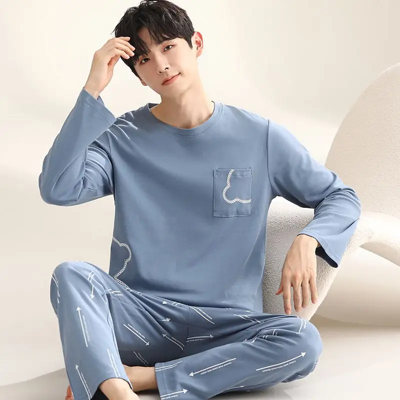 男性用長袖パジャマセット,韓国パジャマ,ルーズフィット,綿100%,高品質,秋,2022
