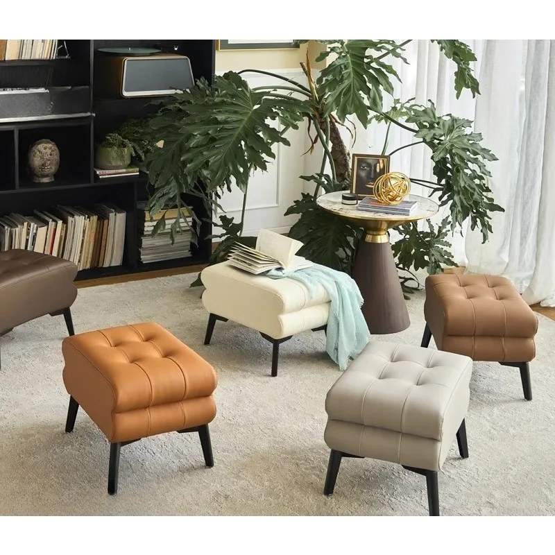 

Leather leather stool, living room sofa , light luxury creative low stool, shoe change stool, household solid wood coffee t