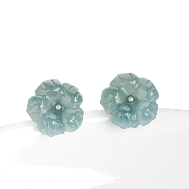 

Natural A-grade Jadeite Blue Peach Blossom Earrings With Ice Seed Jade Petals S925 Silver Inlaid Antique Style Women's Jewelry