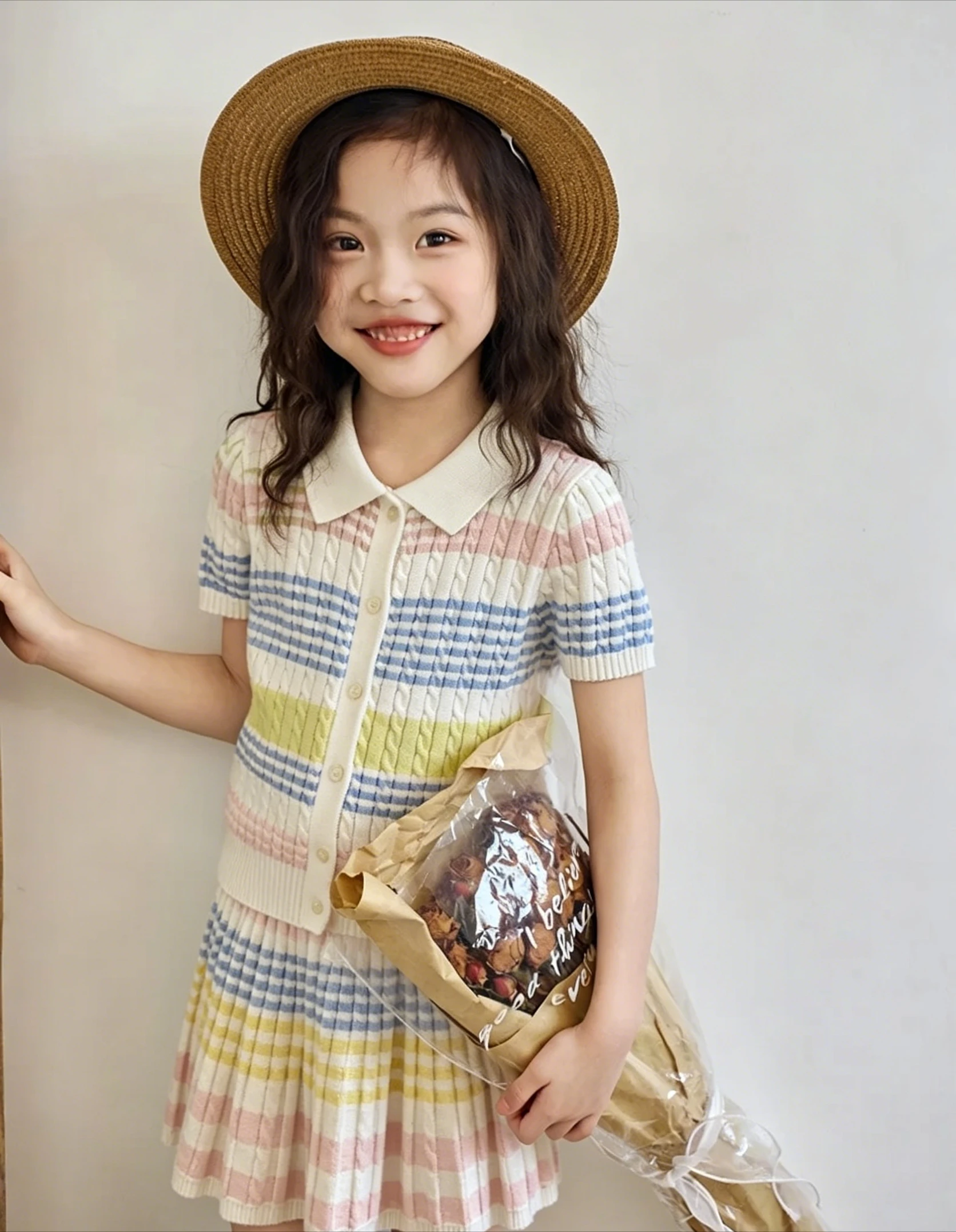 2026 Summer New Fresh Stripe Knitted Cardigan Girls Fried Dough Twists Skirt Short Sleeve Turn-down Collar Top Two Piece Set