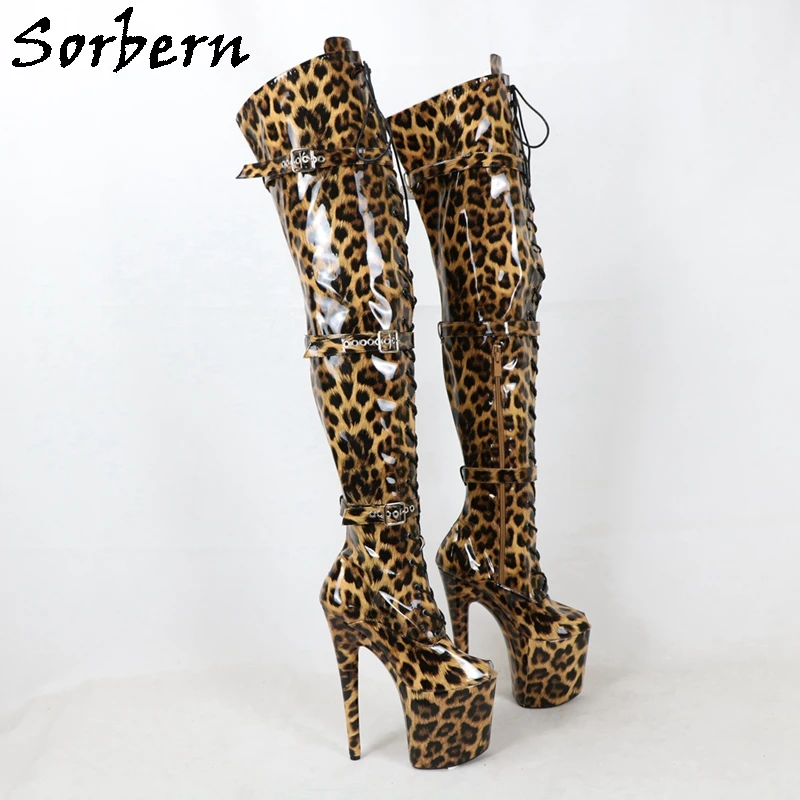 Sorbern Brown Lepoard Mid Thigh Boots Women Open Toe Triple Straps 20Cm Pole Dance High Heel Shoes Custom 15Cm 17Cm Wide Legs