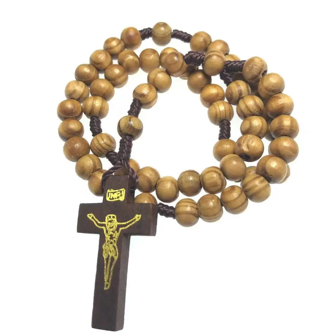 10pcs/pack wholesale cheap olive/pine wooden beads religious rosary, catholic rosary necklace with wooden cross