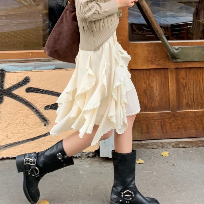 Deeptown Korean Style Sweet Tulle Skirt Women Fairycore Elegant Lace Ruffle Skirts Vintage Irregular Streetwear Layered Skirts