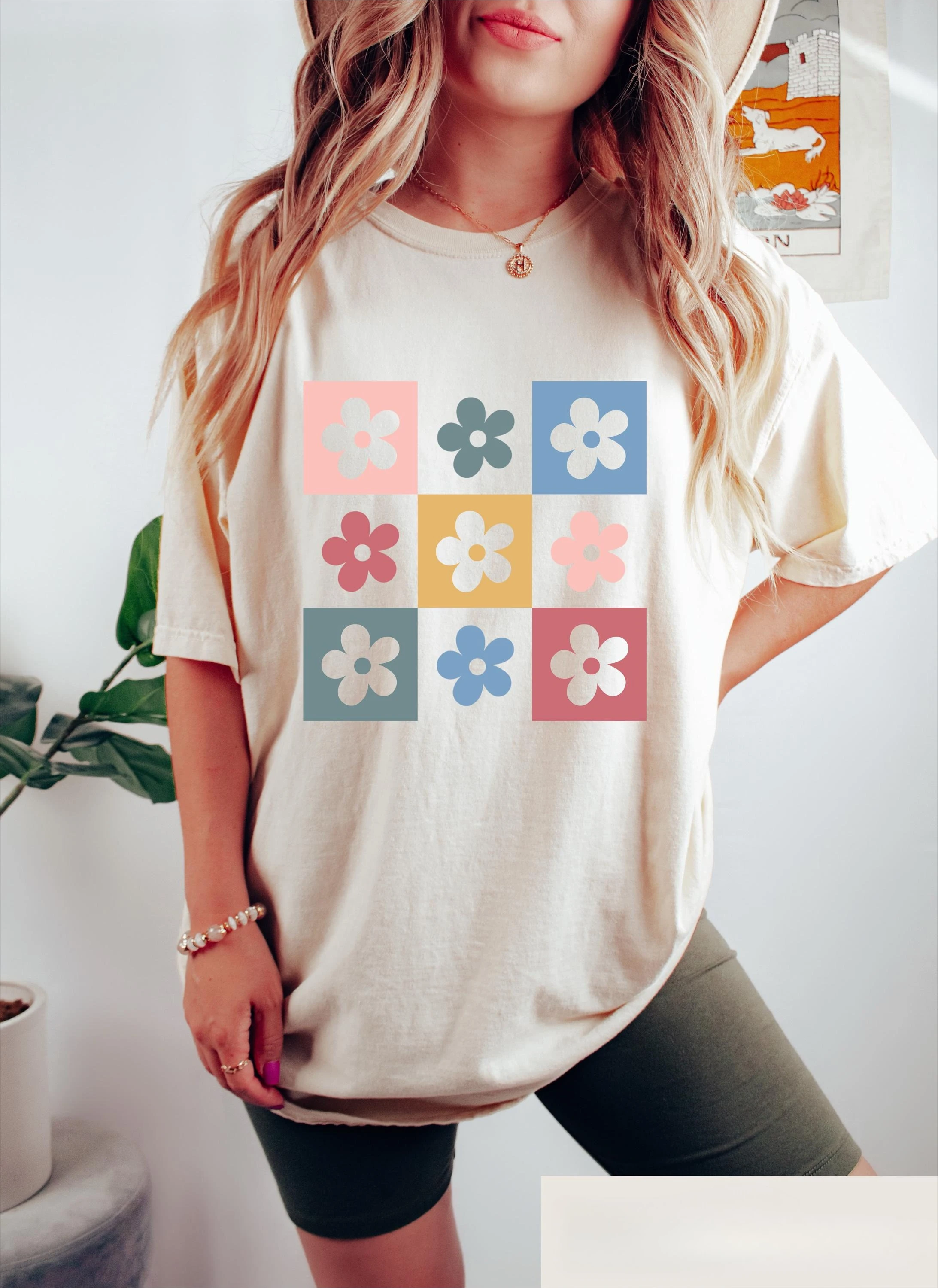 Women's Plus Size Retro Checkered Flowers T-shirt Pure Cotton Breathable Fashionable and Versatile Unisex Streetwear Oversized