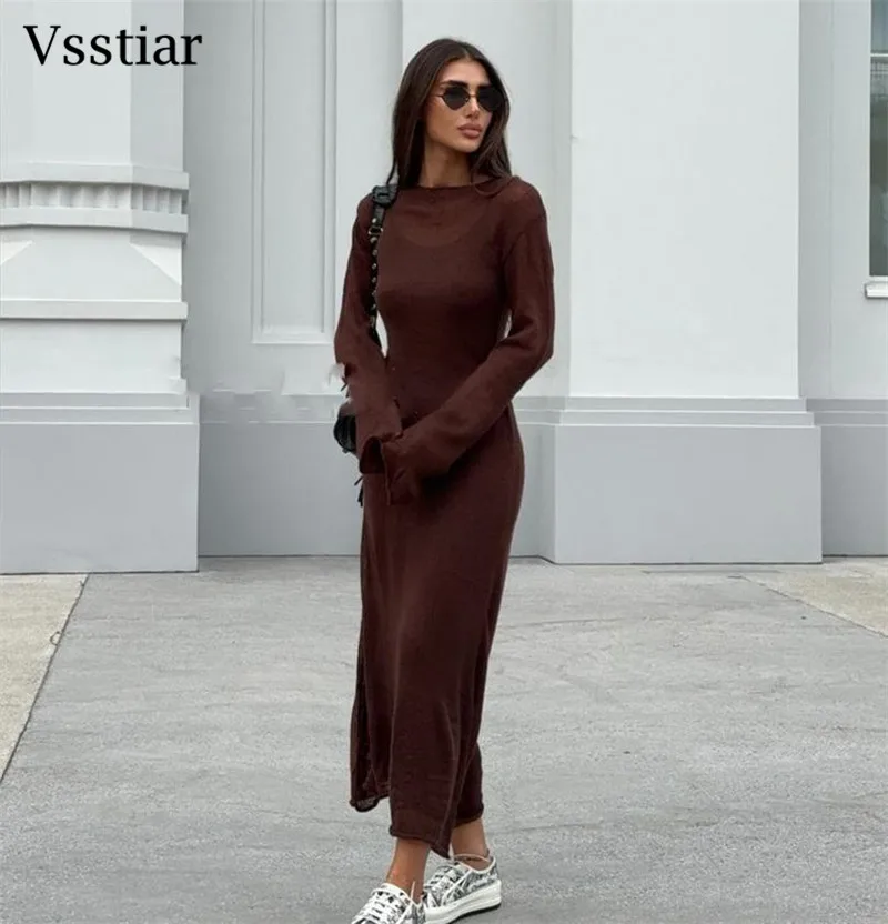 Vsstiar O คอยาวแขนยาว Maxi ชุดสตรีเซ็กซี่ดูผ่านถัก Casual Smock ชุดแฟชั่นวันหยุด Beachwear ชุด